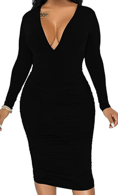 Plus Size Ayana Black Long Sleeve Bodycon Midi Dress-Plus Size Dream Girl