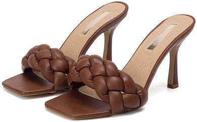 Square Toe Brown Braided Strap Classic Stiletto Sandals-Plus Size Dream Girl