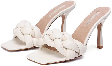 Square Toe White Braided Strap Classic Stiletto Sandals-Plus Size Dream Girl