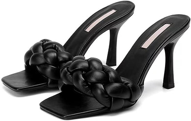 Square Toe Black Braided Strap Classic Stiletto Sandals-Plus Size Dream Girl