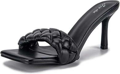 Leather Square Black Heeled Open Toe Stiletto Sandals-Plus Size Dream Girl