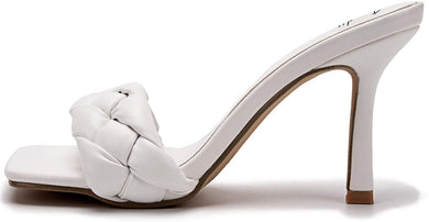 Leathern Square White Heeled Open Toe Stiletto Sandals-Plus Size Dream Girl