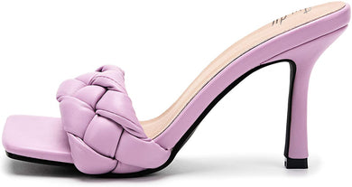 Leathern Square Purple Heeled Open Toe Stiletto Sandals-Plus Size Dream Girl