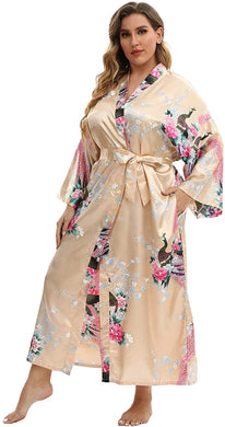 Peacock Champagne Plus Size Floral Long Satin Robe Gown-Plus Size Dream Girl