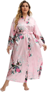 Peacock Pink Plus Size Floral Long Satin Robe Gown-Plus Size Dream Girl