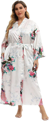 Peacock White Plus Size Floral Long Satin Robe Gown-Plus Size Dream Girl