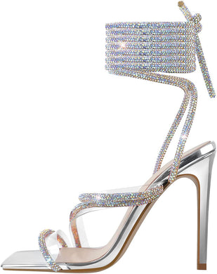 Sparkly Clear Silver Lace Up Ankle Strap High Heel Sandals-Plus Size Dream Girl