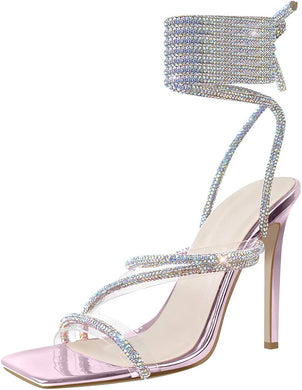 Sparkly Clear Pink Lace Up Ankle Strap High Heel Sandals-Plus Size Dream Girl